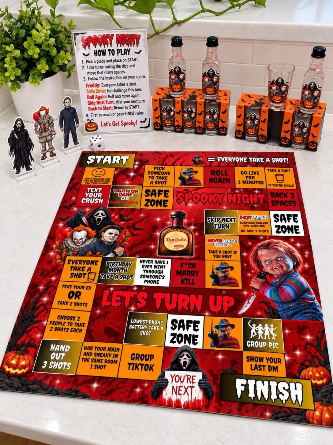 Horror themed drinking game board with alcohol bottles and figurines on a table