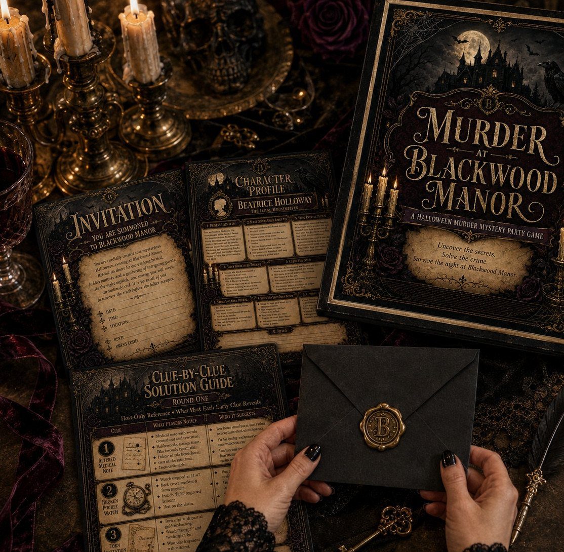 Murder mystery game components with a black envelope, game box, and lit candles.