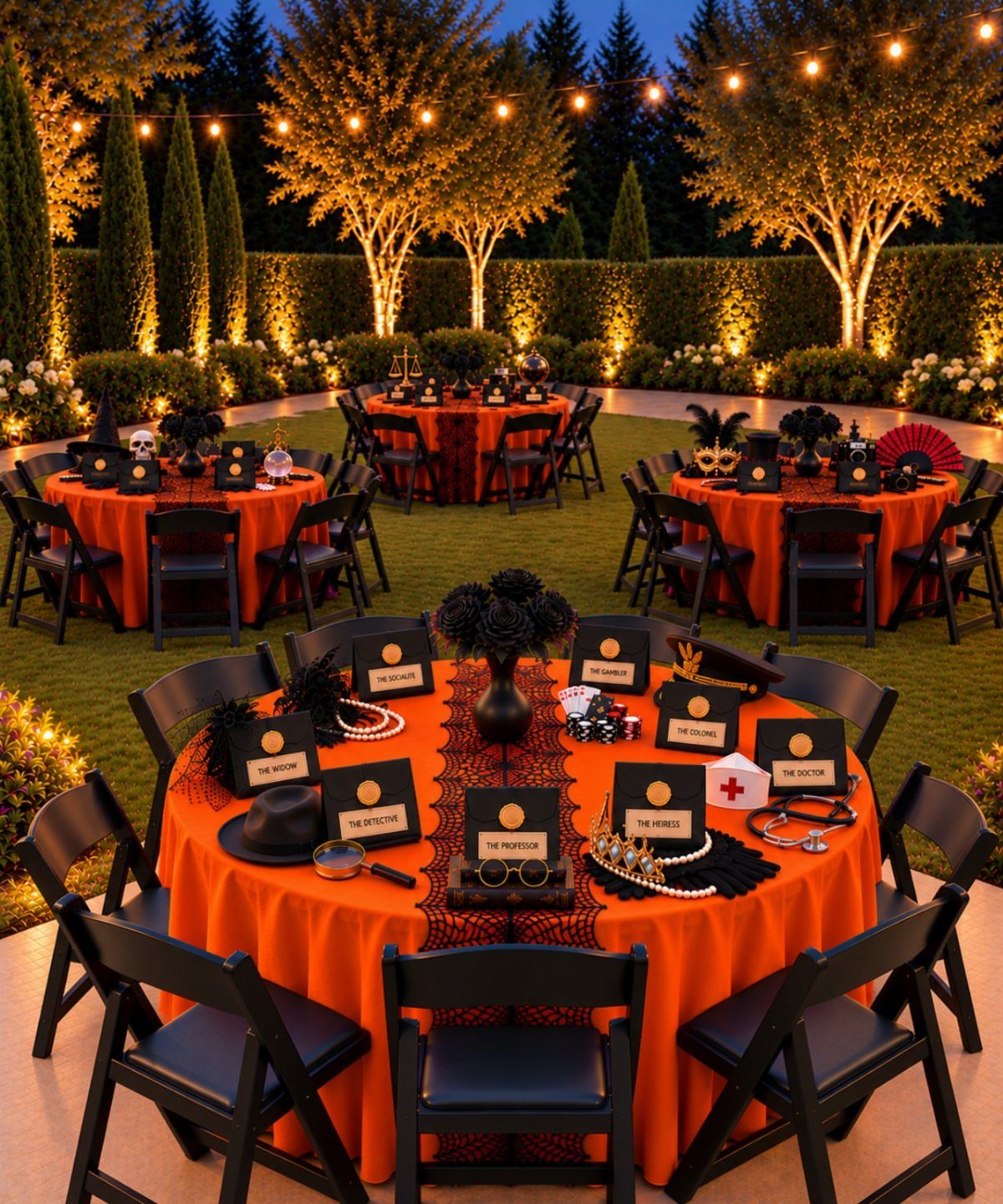 Outdoor party tables with orange cloths and murder mystery props in a garden.
