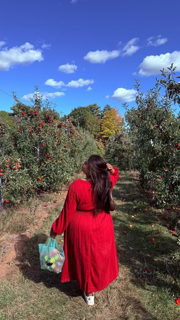 Woman in a red dress walking through an apple orchard under a blue sky