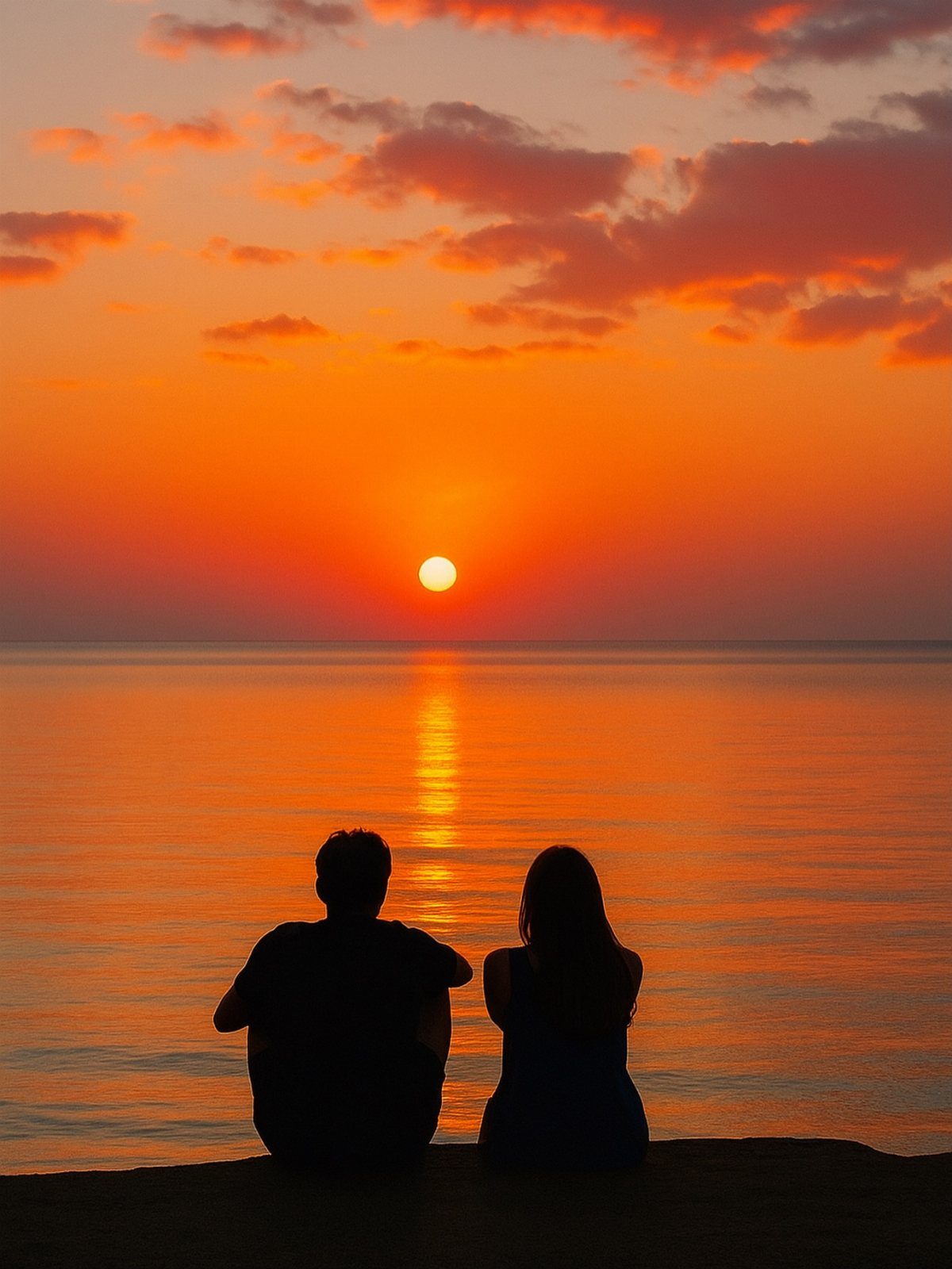 Couple silhouetted against a vibrant orange sunset over a calm ocean horizon.