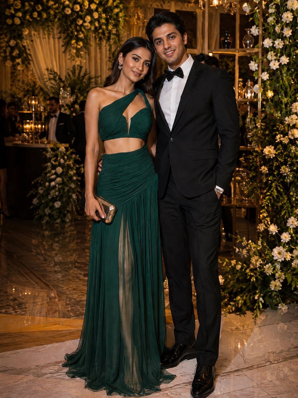 Couple posing at a formal event, woman in a dark green cutout gown.