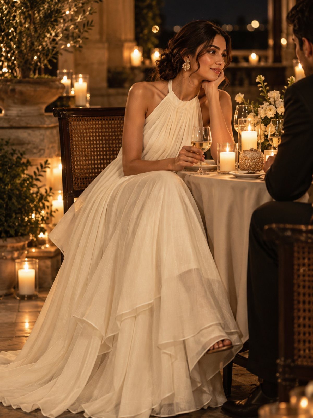 Woman in a white layered gown dining by candlelight with a man.