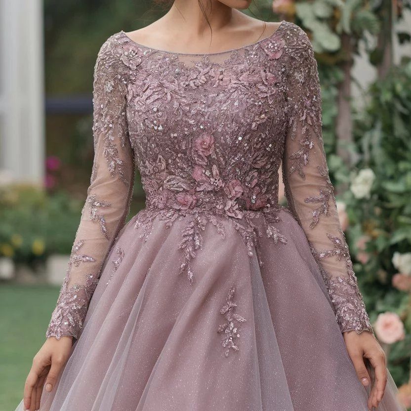 Mauve embroidered western gown with long sleeves and a full tulle skirt.
