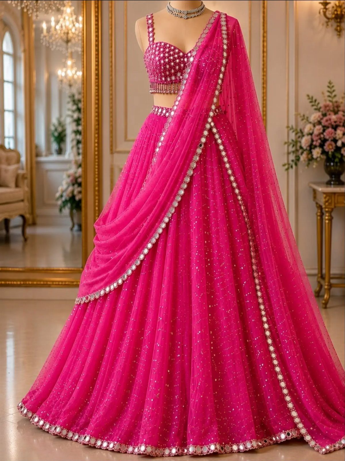 Bright pink lehenga with shimmering embroidery and mirror-work borders in a luxury room.