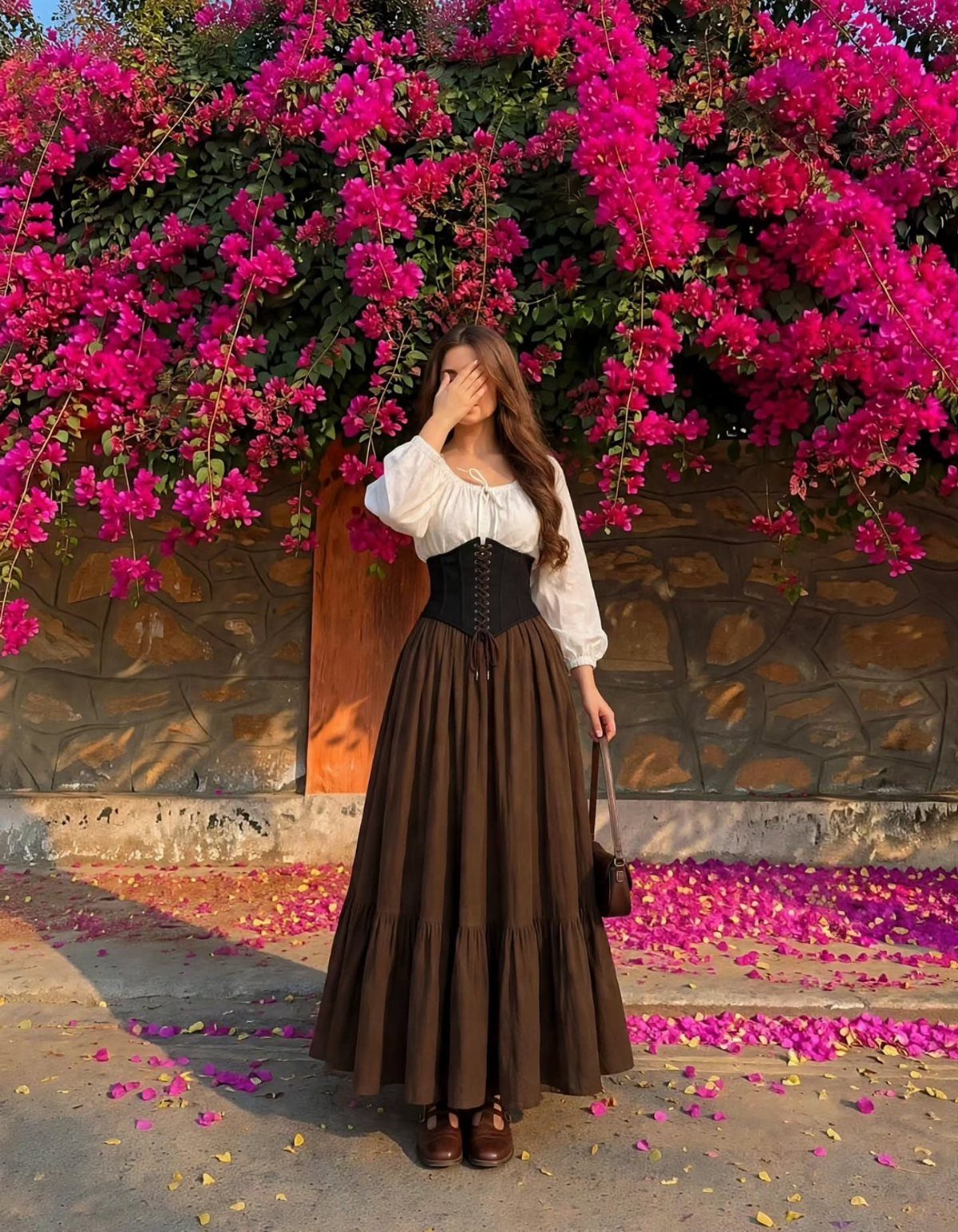 Woman in white blouse and brown tiered skirt standing before pink flowers