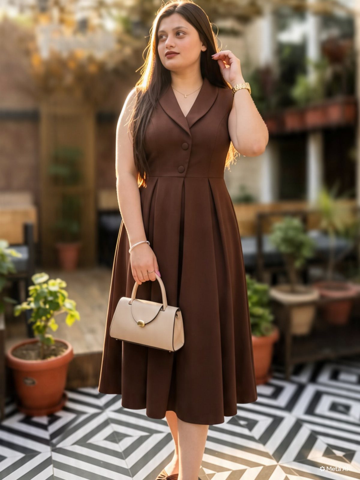 Woman in a brown sleeveless midi dress holding a beige handbag on a patio