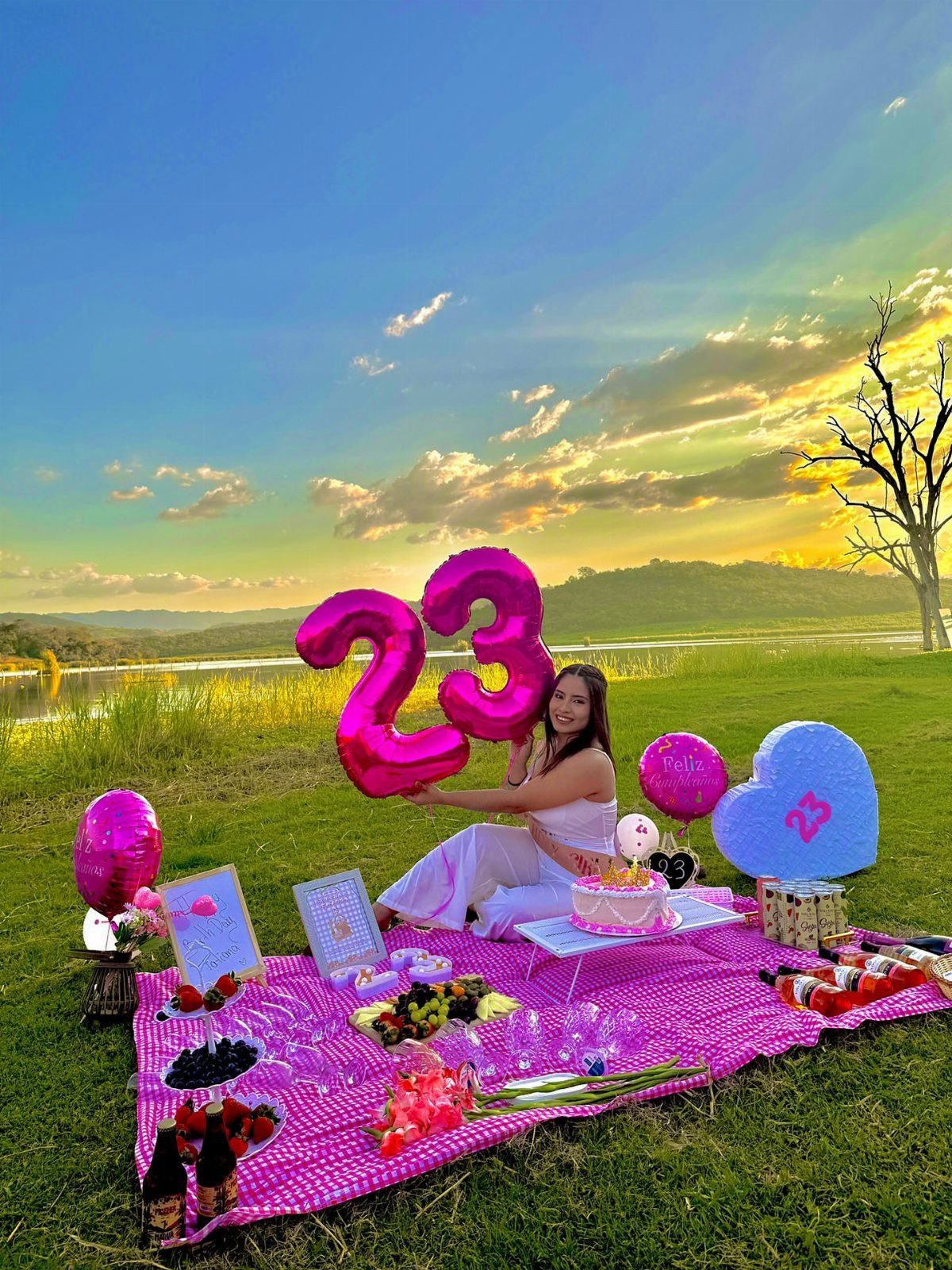 Woman celebrating 23rd birthday with a picnic setup on a pink blanket at sunset.