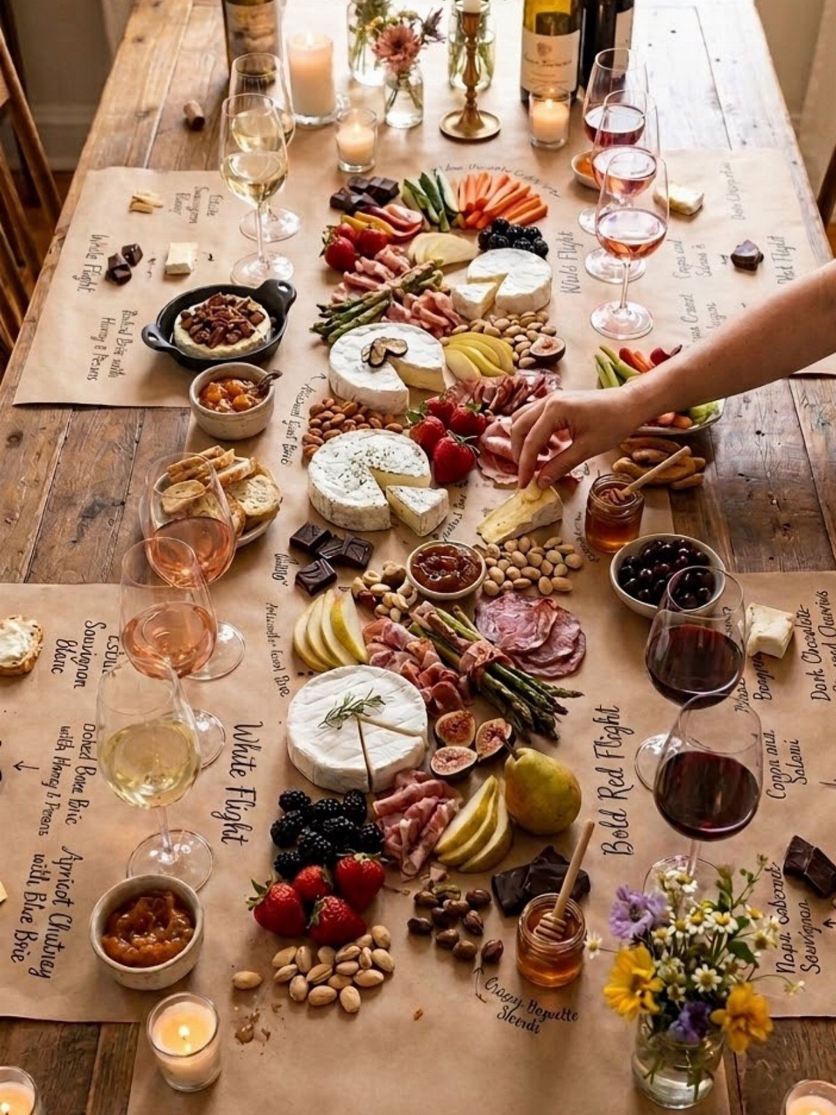 Charcuterie spread with various cheeses, meats, and fruits paired with glasses of wine.