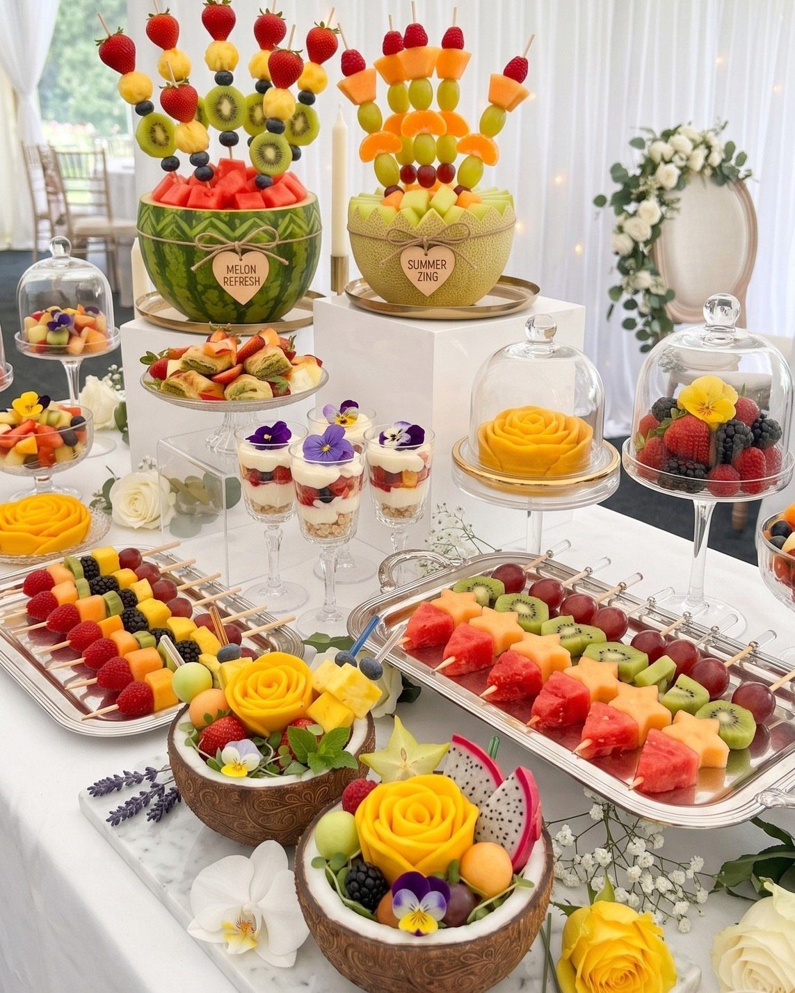 Fruit skewers and carved melons on a white table for a bridal brunch.