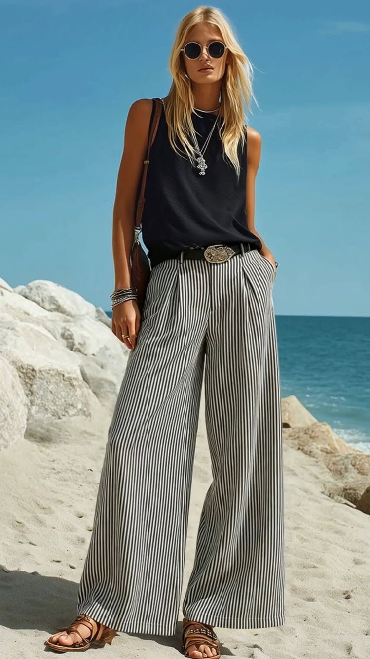 Woman wearing a black top and wide-legged striped pants on a sandy beach.