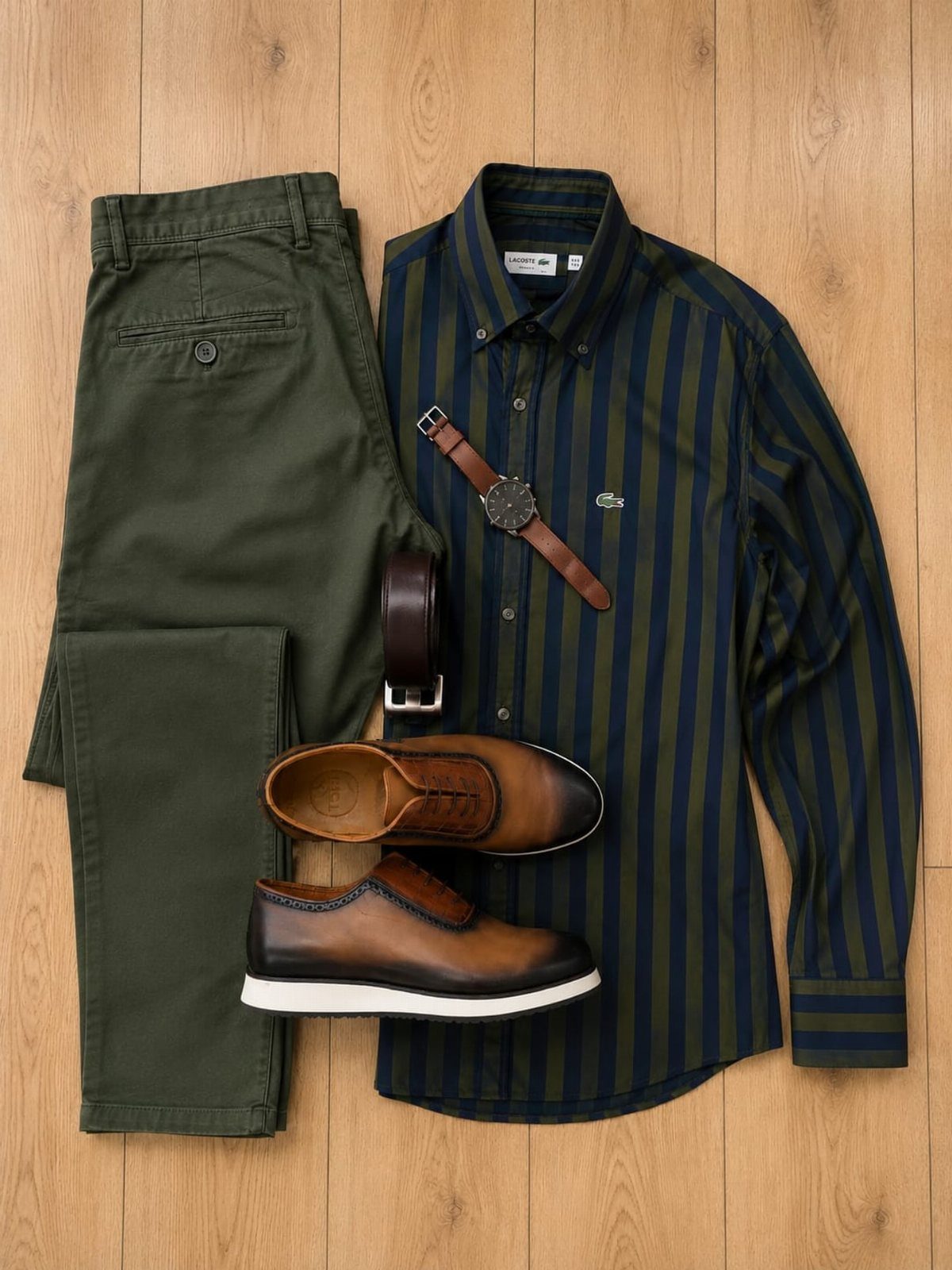 Olive green chinos and striped navy shirt with brown leather accessories on wood.