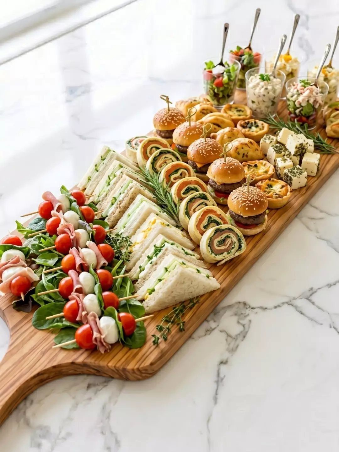 Assorted appetizers including sliders, sandwiches, and caprese skewers on a wooden platter.