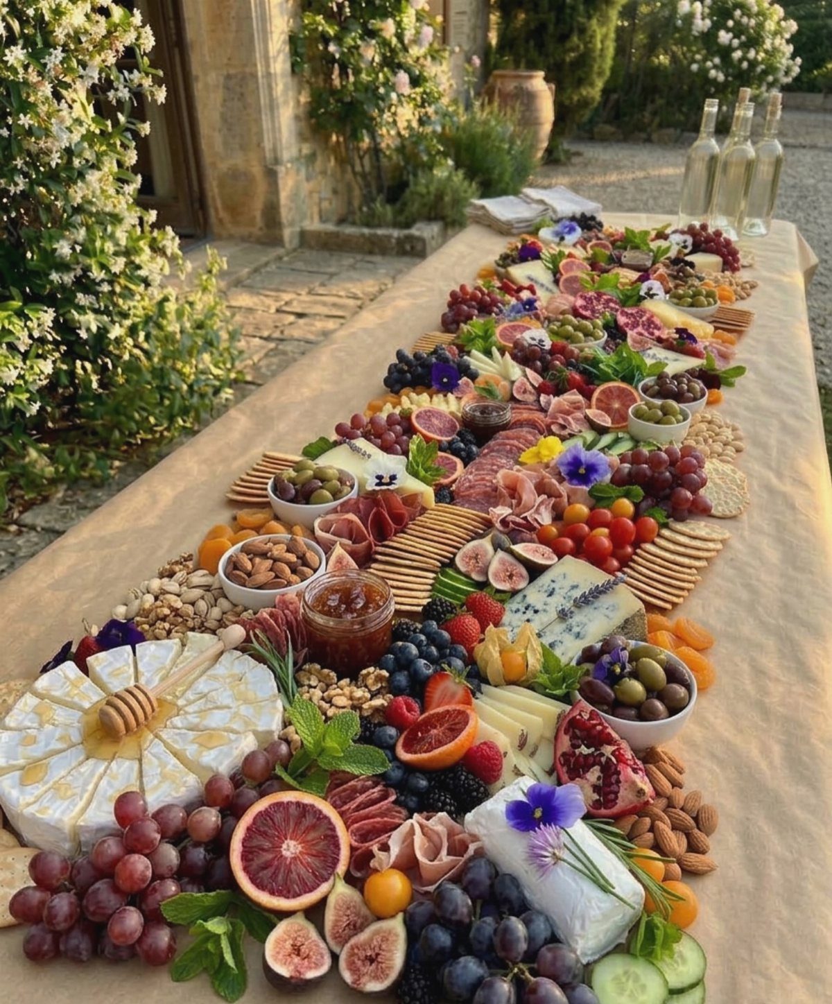 Elaborate charcuterie spread with cheeses, meats, and fruits on a long outdoor table