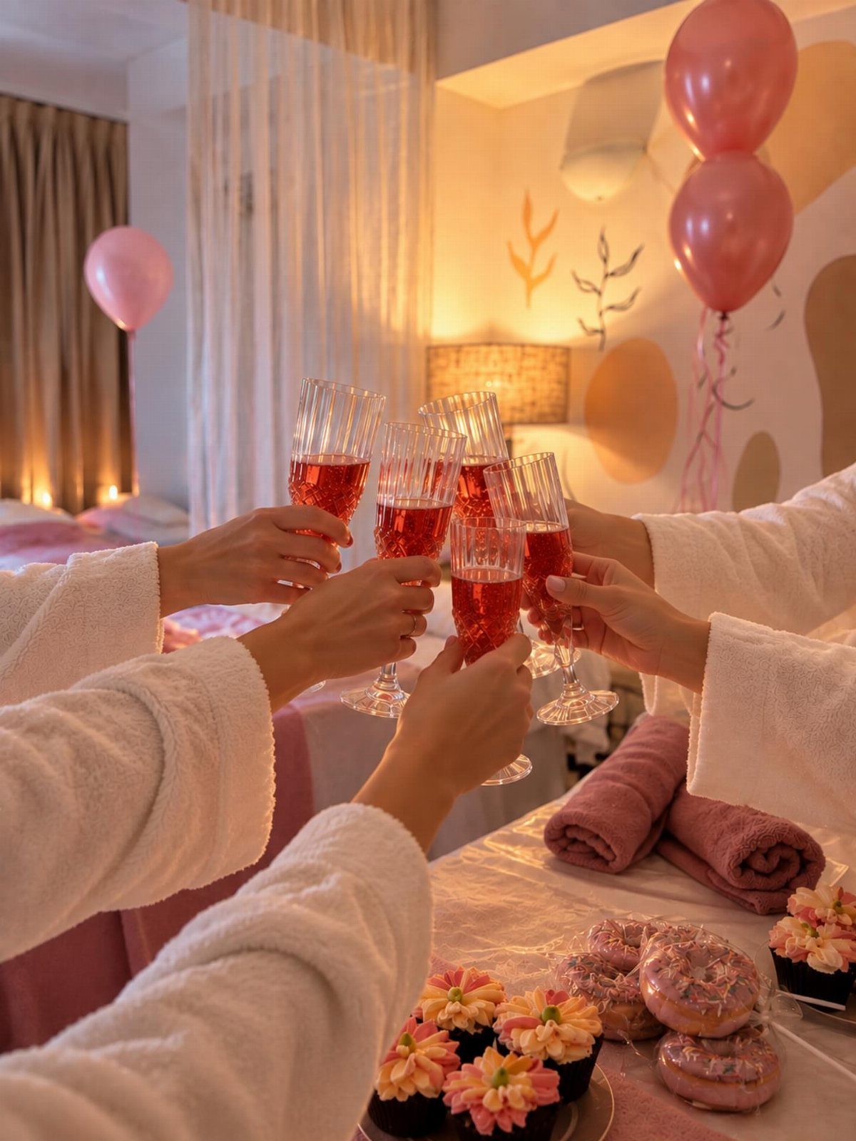 People in white robes toasting with champagne glasses at a spa celebration.