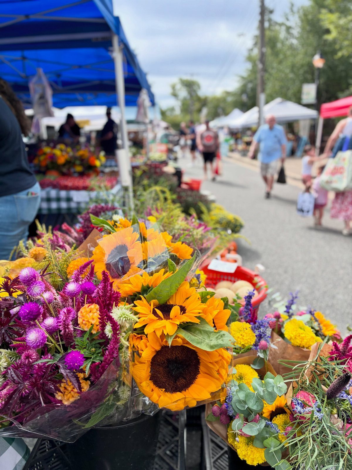 Sunflowers and purple wildflowers in bouquets at an outdoor farmer's market.