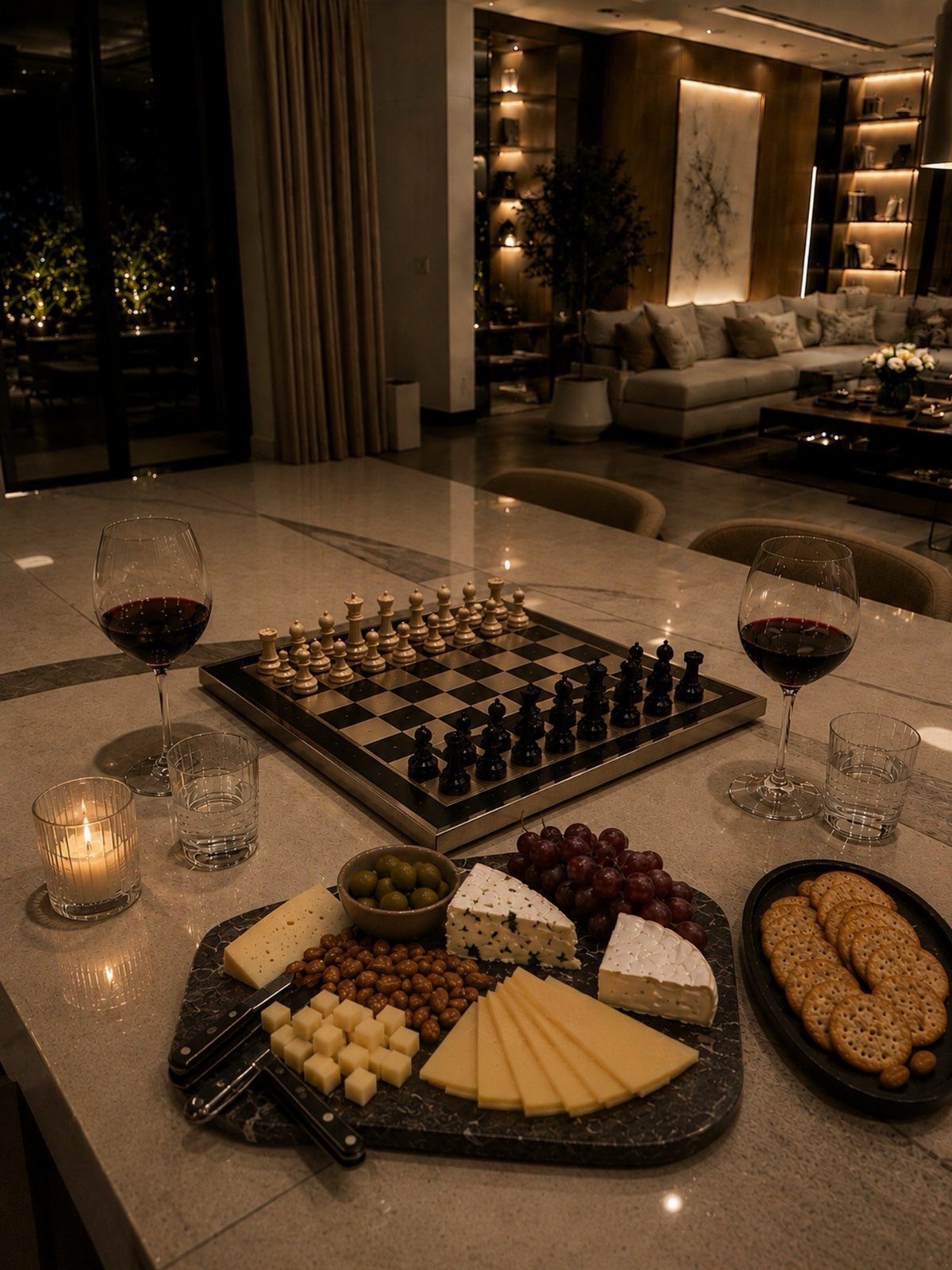 Chess board, red wine, and a cheese platter on a marble counter.