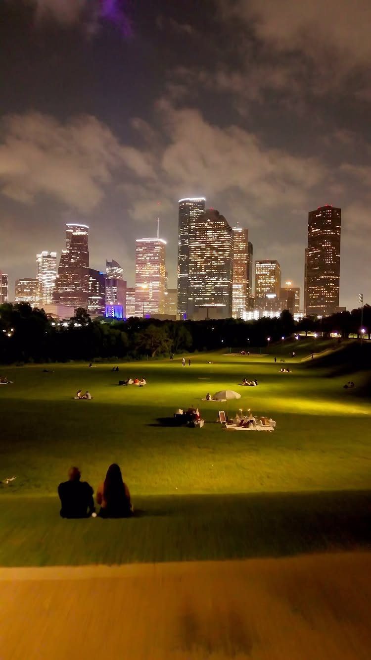 Couple sitting on a grassy hill overlooking the illuminated Houston city skyline at night