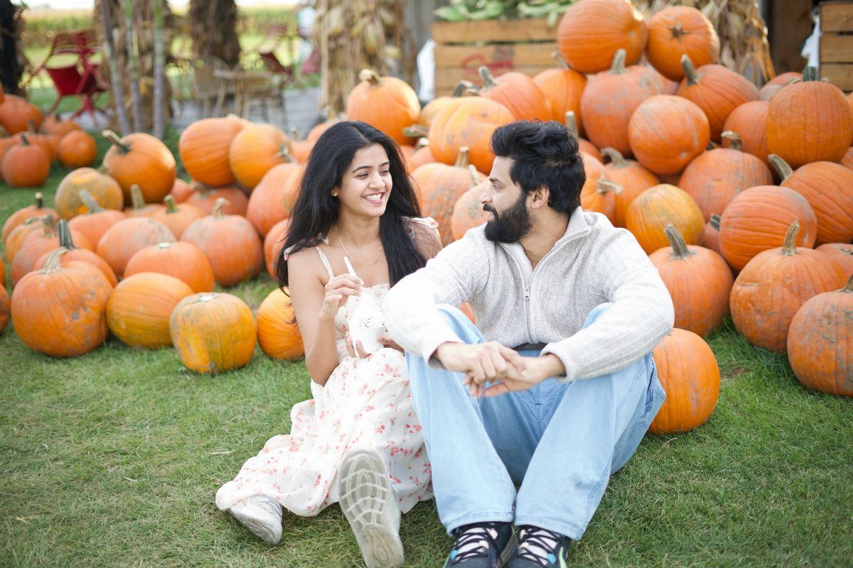 Couple sitting on grass surrounded by many orange pumpkins at a farm.