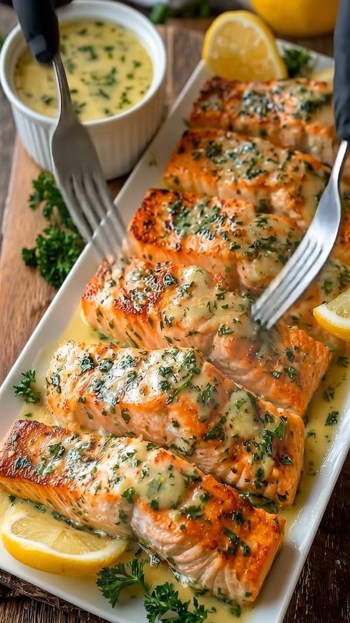 Baked salmon fillets with garlic butter sauce and lemon on a white platter.