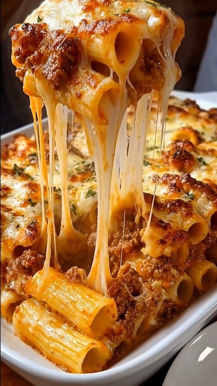 Baked ziti pasta with meat sauce and melted cheese being lifted from pan