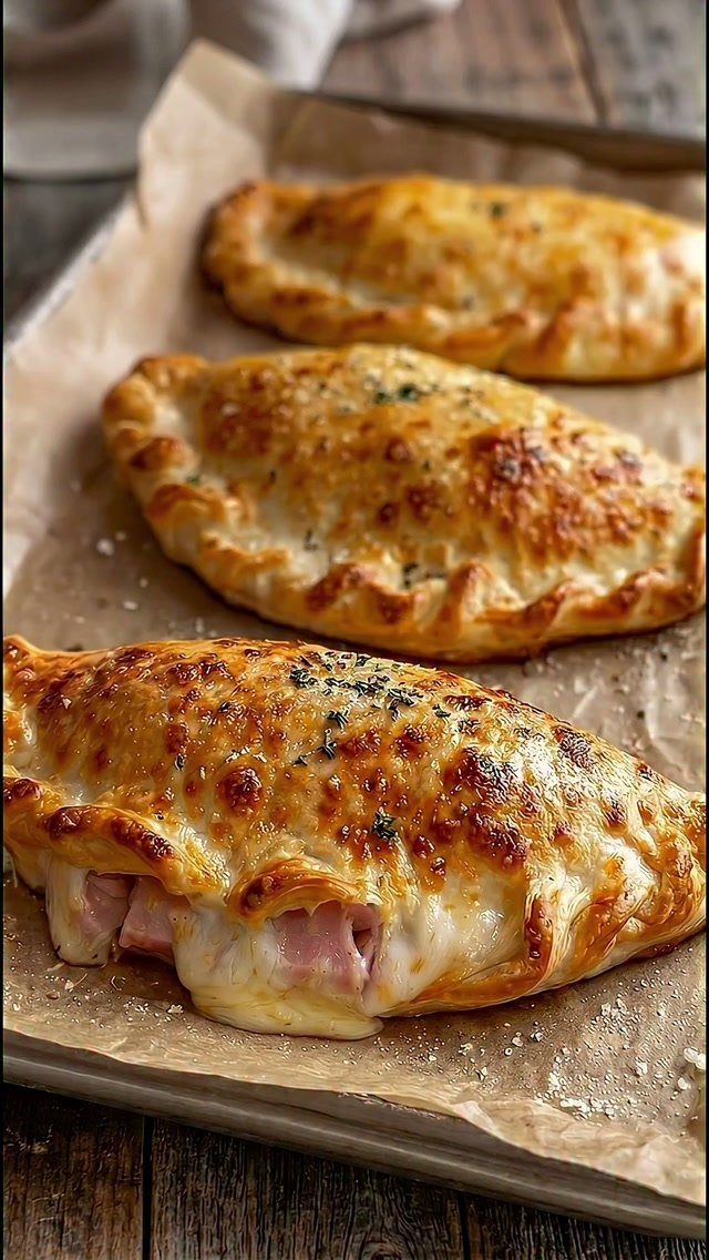 Three golden-brown calzones on parchment paper, one showing melted cheese and ham filling.