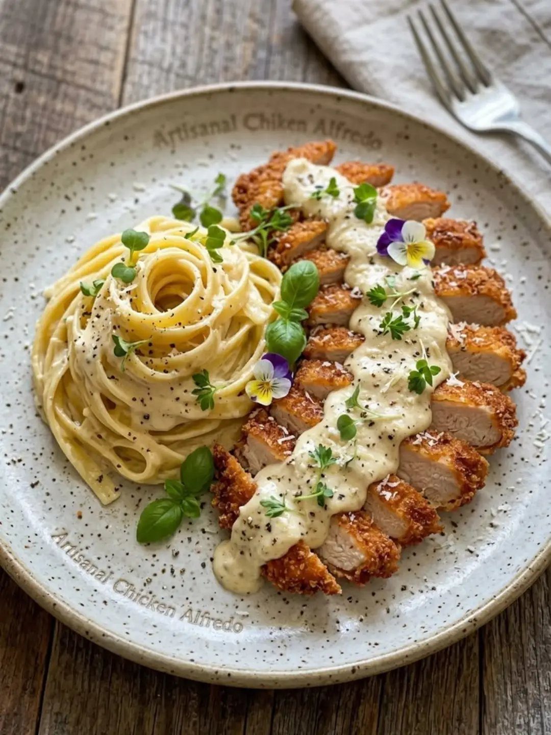 Sliced breaded chicken and creamy fettuccine pasta garnished with microgreens on a plate.