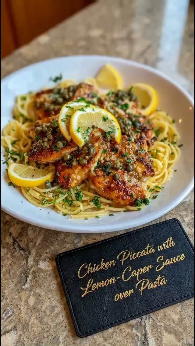 Chicken Piccata with lemon-caper sauce served over spaghetti on a white plate.