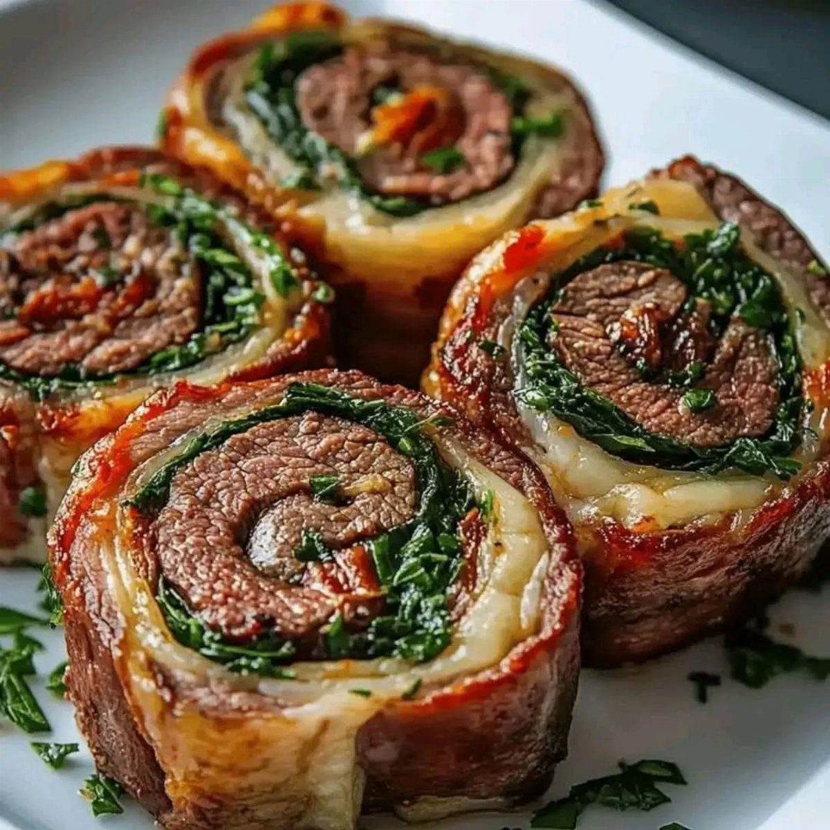 Sliced steak pinwheels stuffed with spinach and cheese on a white plate.