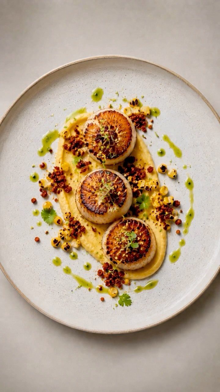 Seared scallops on yellow puree with corn and microgreens on a white plate