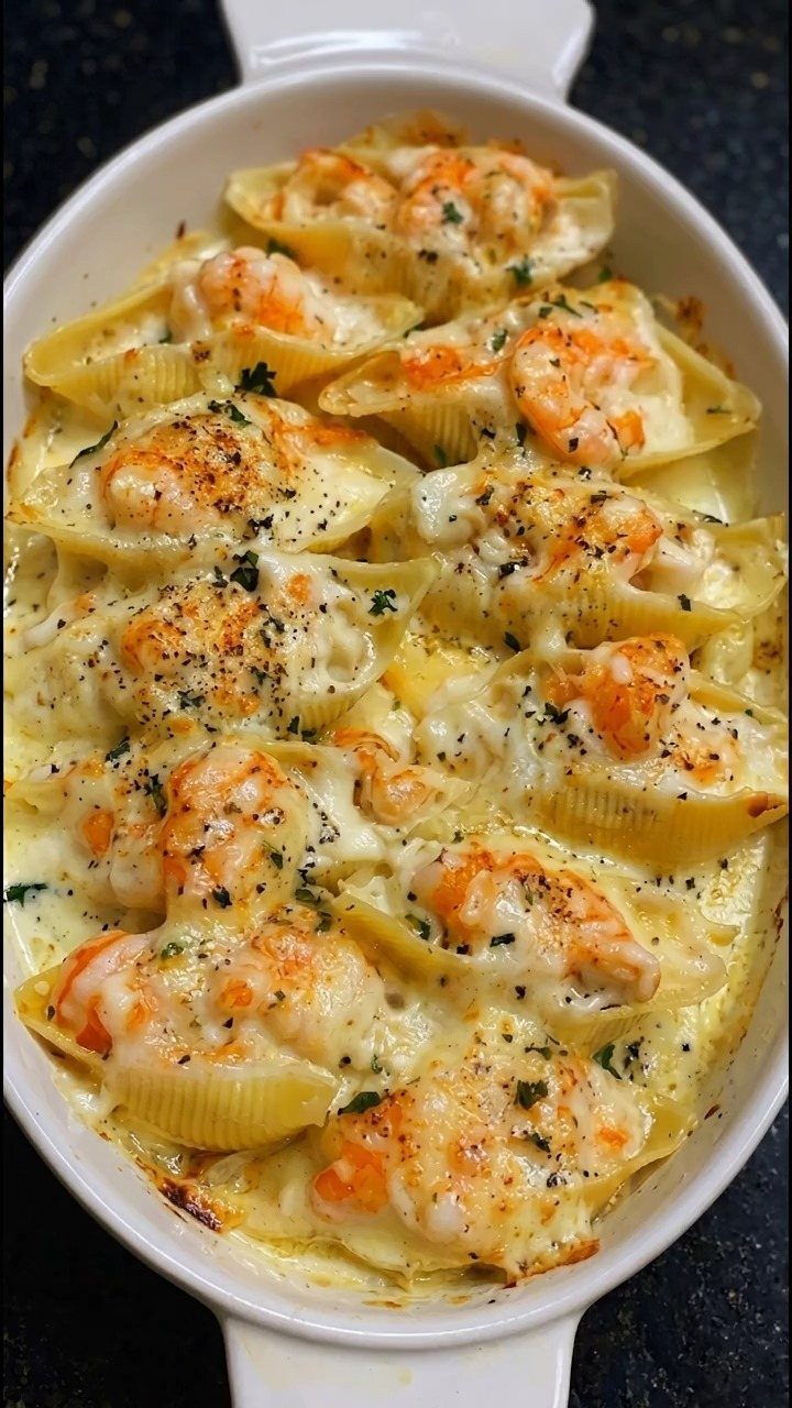 Stuffed pasta shells with shrimp and melted cheese in a white baking dish.