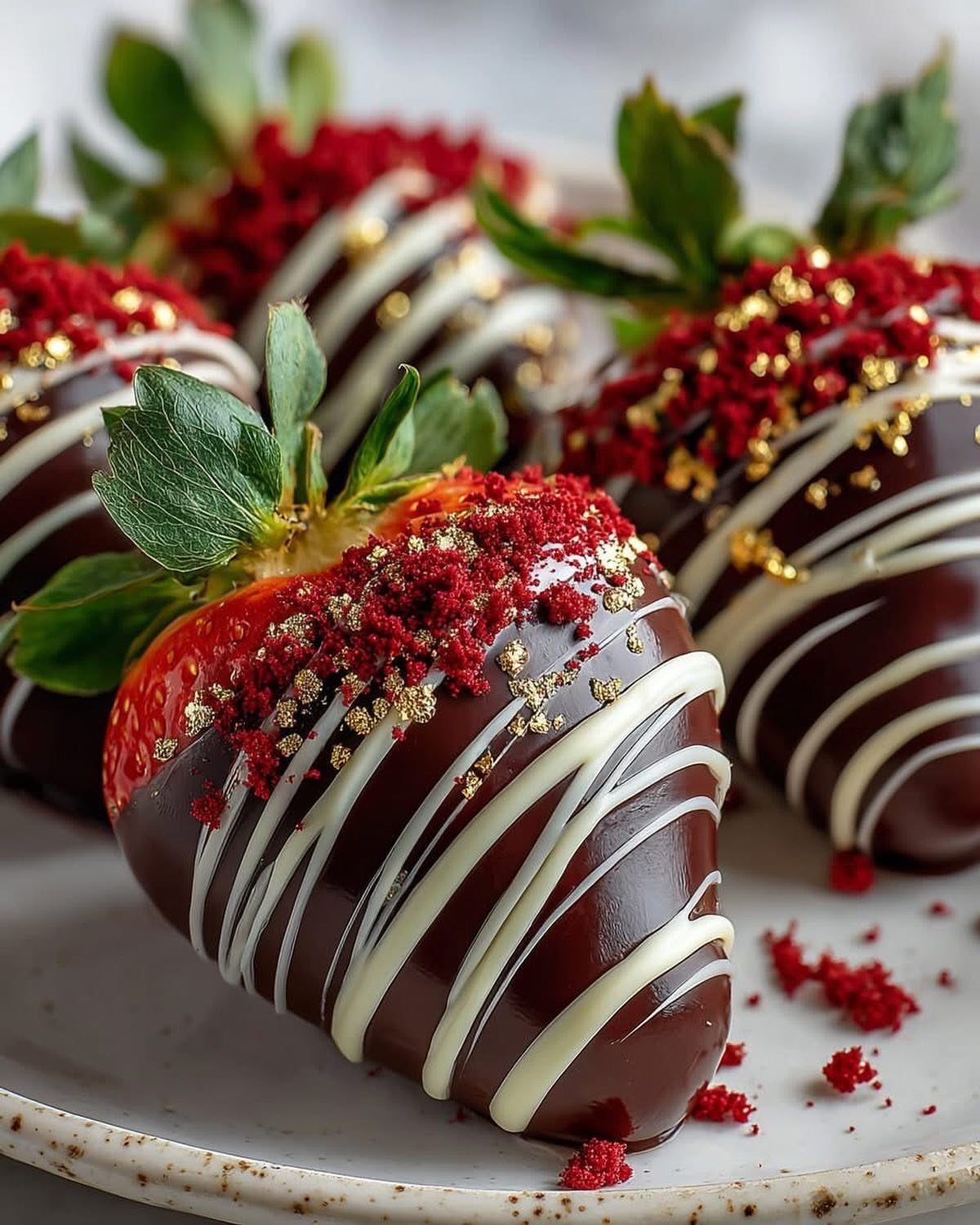 Chocolate covered strawberries with white chocolate drizzle and red sprinkles on a plate.
