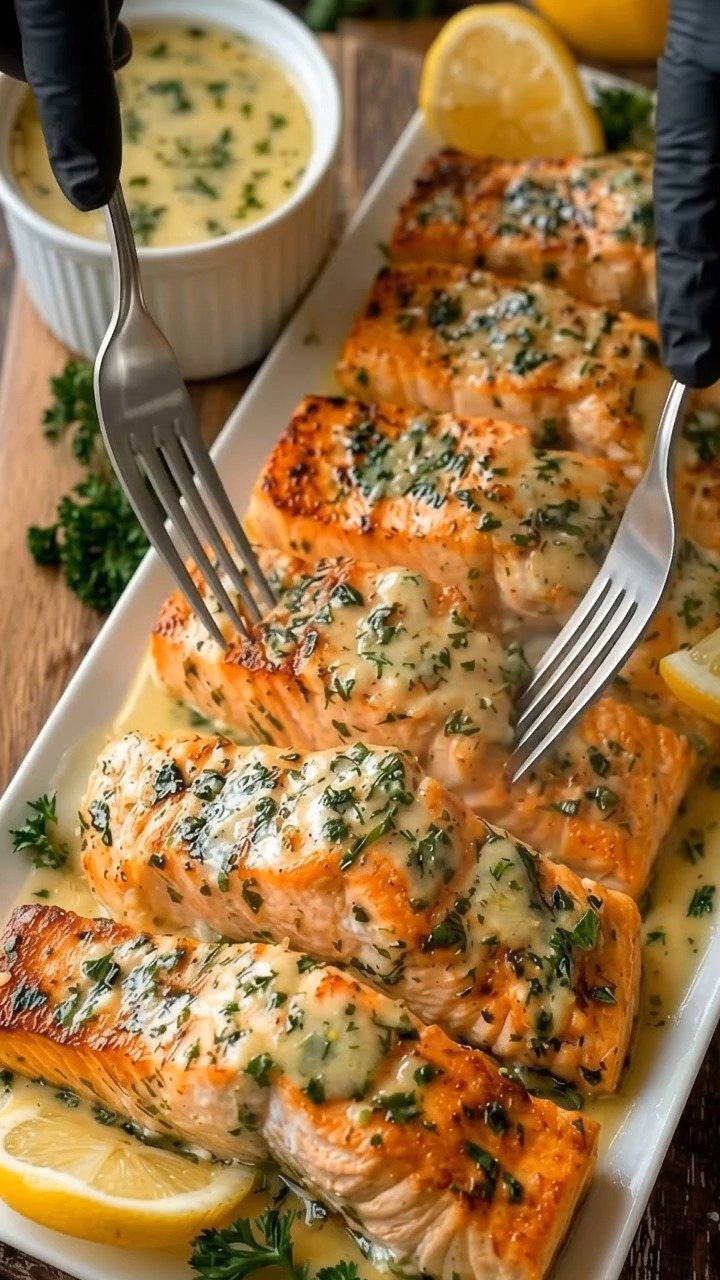 Baked salmon fillets with garlic butter and parsley on a white platter with lemons.