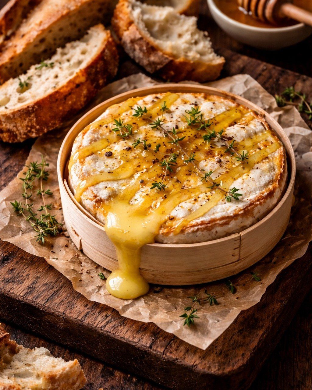 Melted camembert cheese with honey and thyme served with crusty bread on wood.