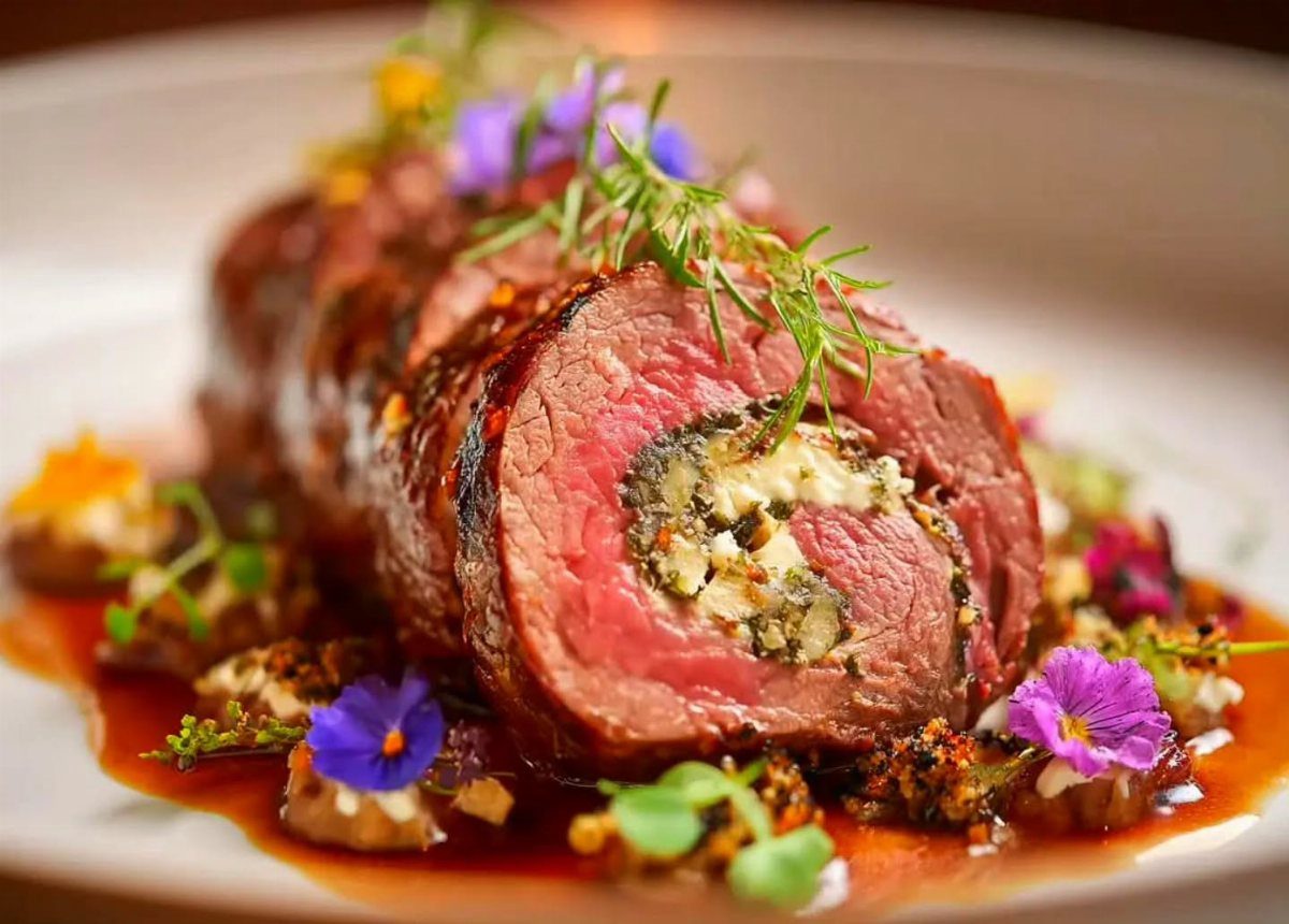 Stuffed beef tenderloin slices with spinach and mushroom filling, garnished with edible flowers.
