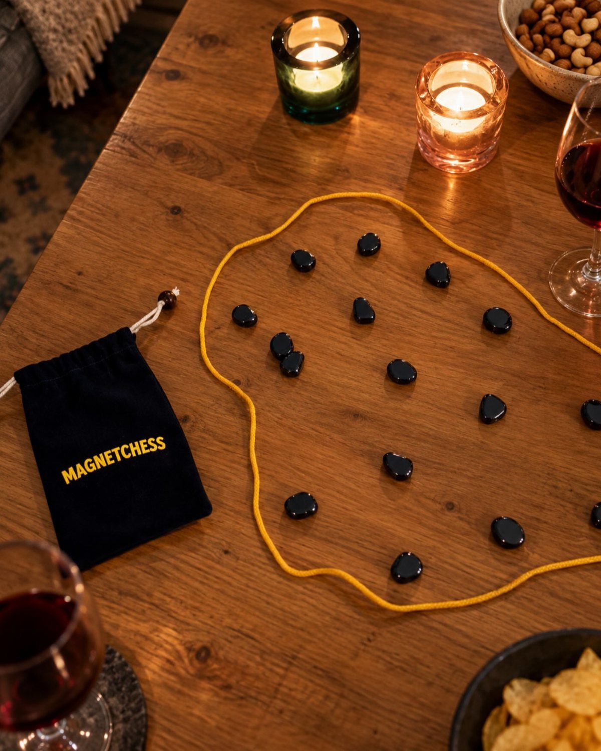 Magnetic chess game pieces on a wooden table with wine and candles.