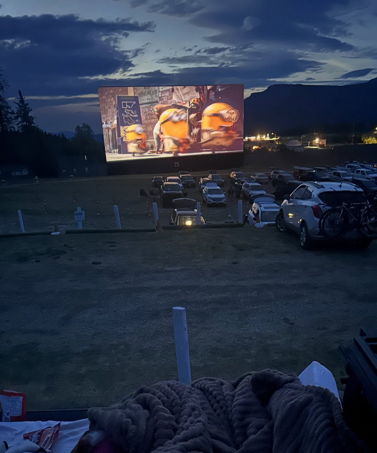 Outdoor movie screen showing animated characters with cars parked in front at dusk.