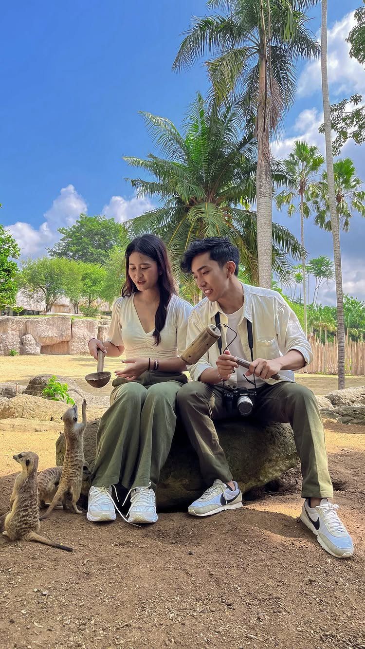 Couple sitting on a rock interacting with meerkats at a zoo with palm trees.