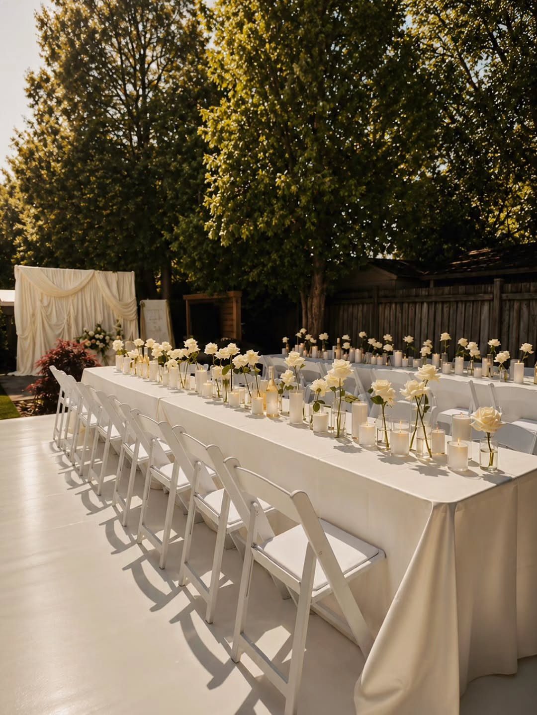 Long white dining table with floral centerpieces set outdoors under lush green trees.
