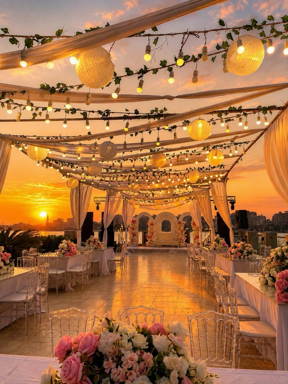 Elegant outdoor event setup with white drapes, string lights, and floral centerpieces at sunset.