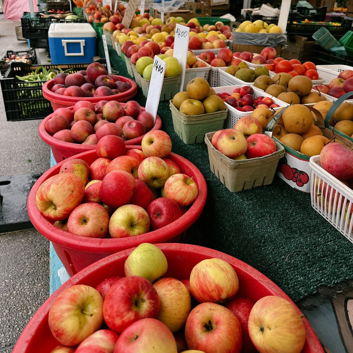 Fresh red and yellow apples in bowls and baskets at a farmers market.