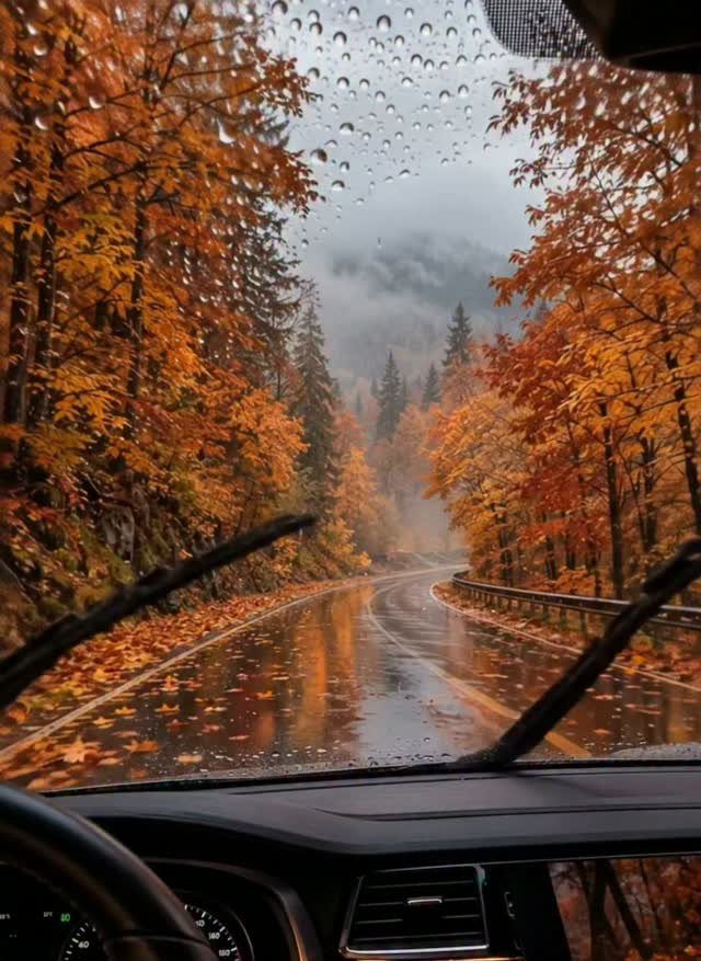 Winding wet road lined with orange autumn trees seen through a car windshield