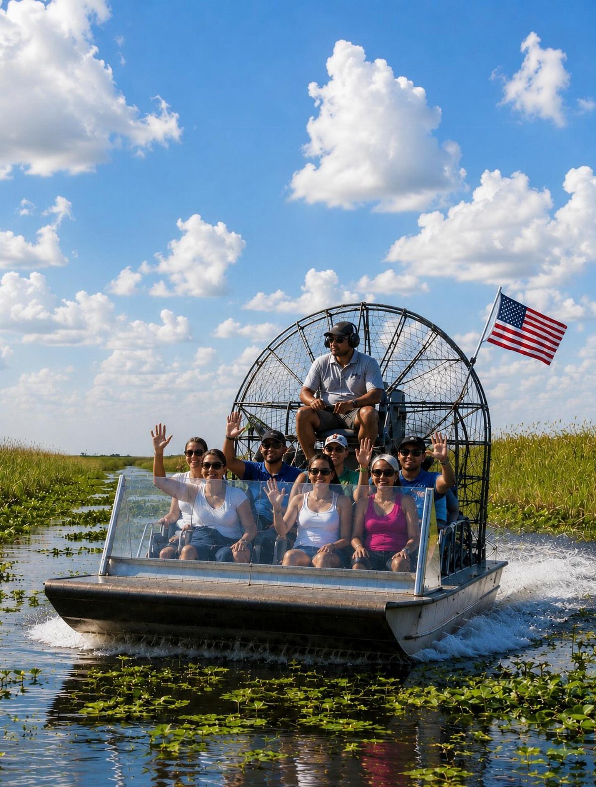 Group of people riding an airboat through a sunny marshy wetland area.