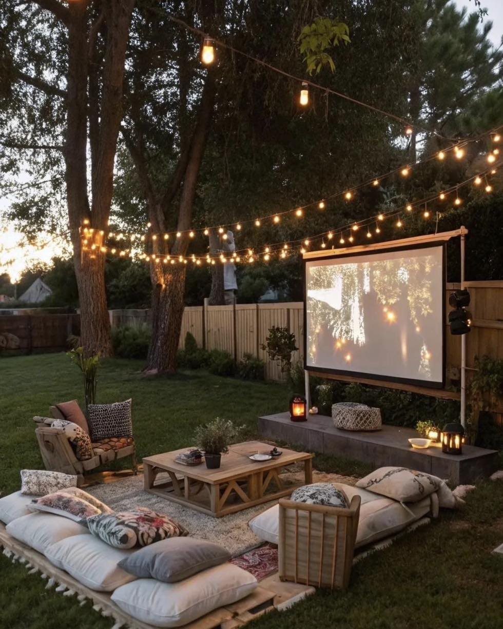 Outdoor movie screen in a backyard with string lights, cushions, and lanterns.