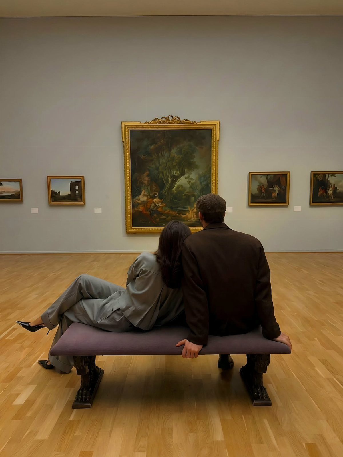 Couple sitting on a bench viewing paintings in a bright art gallery