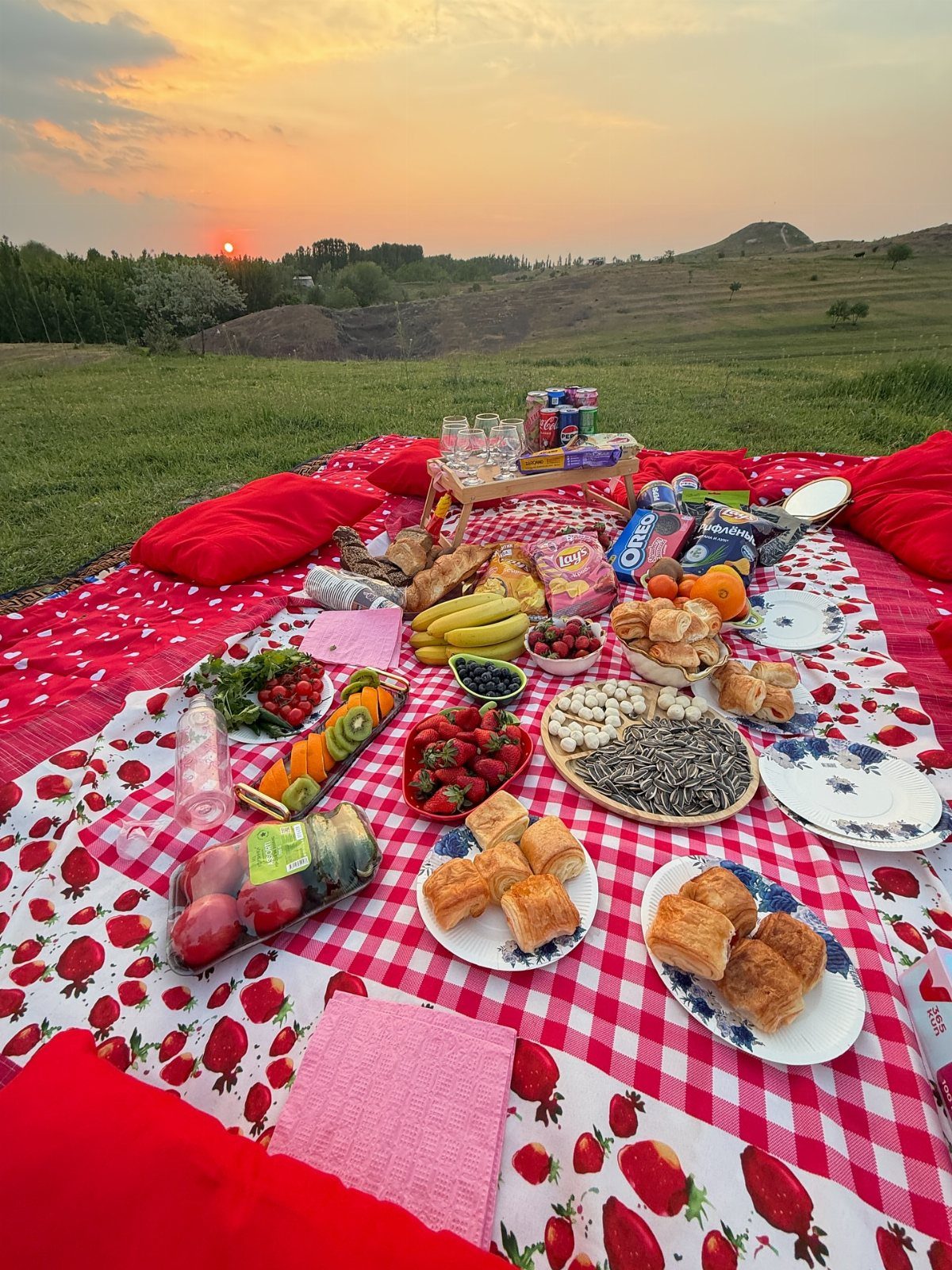 Picnic spread with fruits and pastries on a red checkered blanket at sunset.