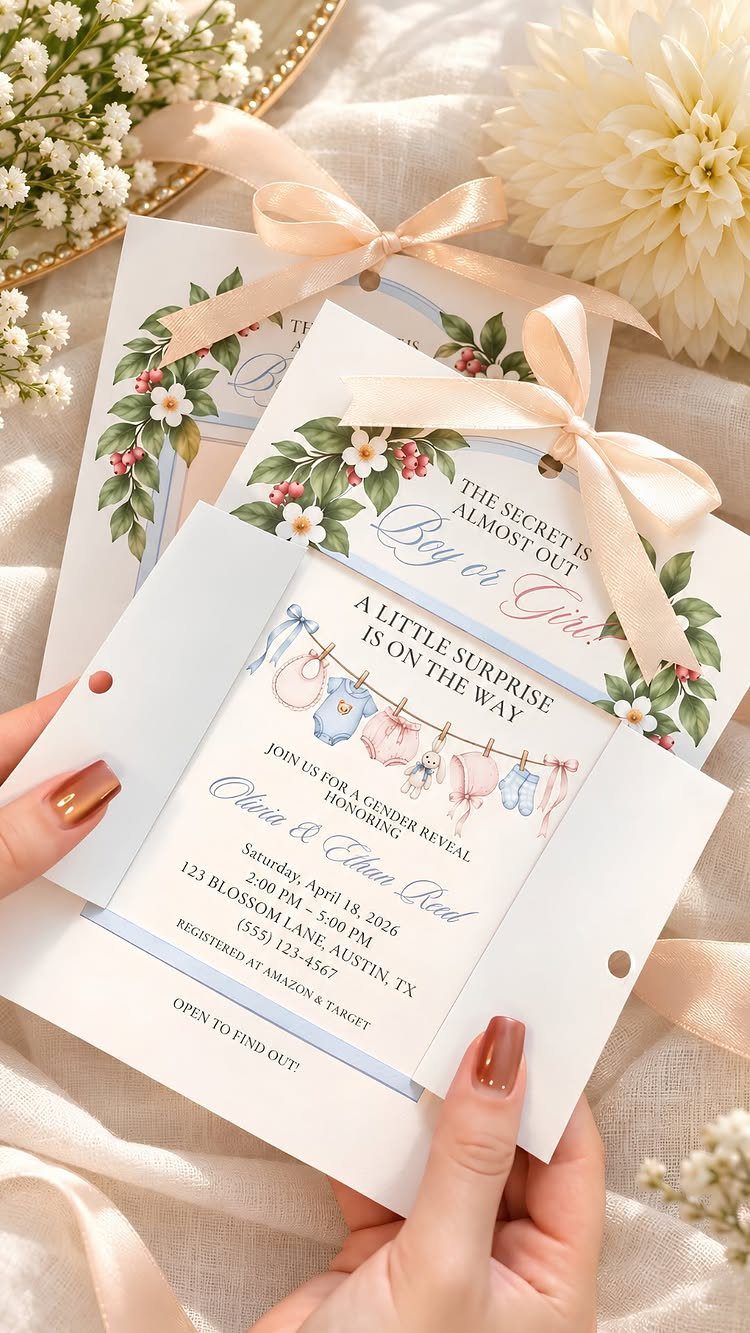 Gender reveal invitation card with floral designs and ribbons held by two hands.