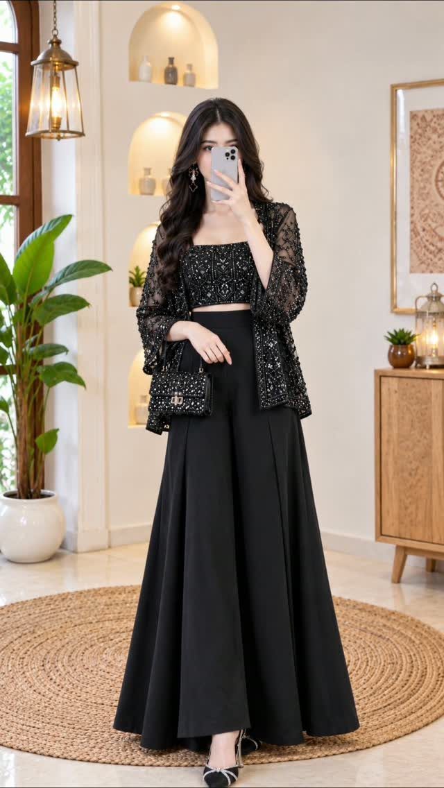 Woman in a sparkly black crop top, sheer jacket, and wide-leg trousers.