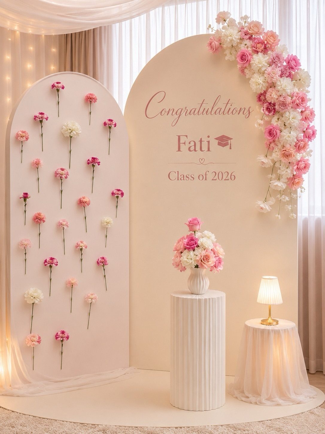 Graduation party backdrop with pink arched panels, floral arrangements, and congratulatory text.