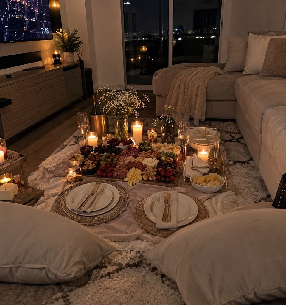 Indoor picnic setup with charcuterie board, candles, and pillows on a white rug.